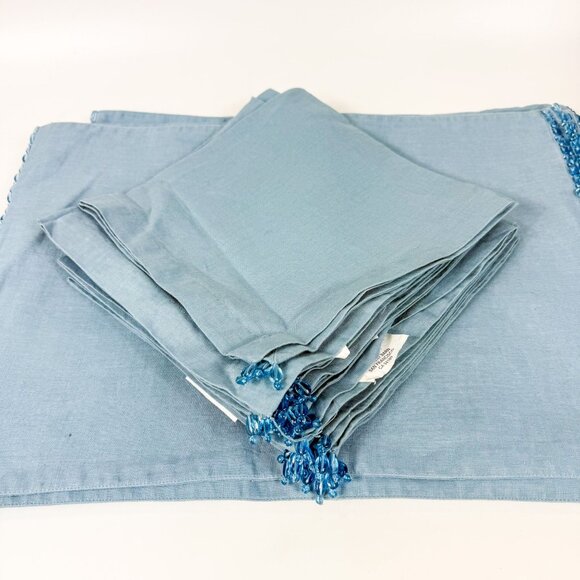 Pottery Barn Light Blue 100% Linen Beaded Placemats & Napkins Set Of 10 - Picture 3 of 4